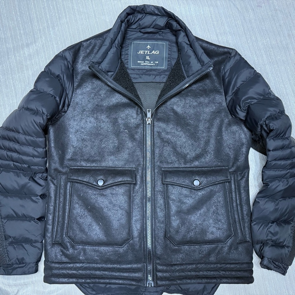 Jetlag Men’s Black Down Feather Mixed Media Puffer Jacket Coat Streetwear XL